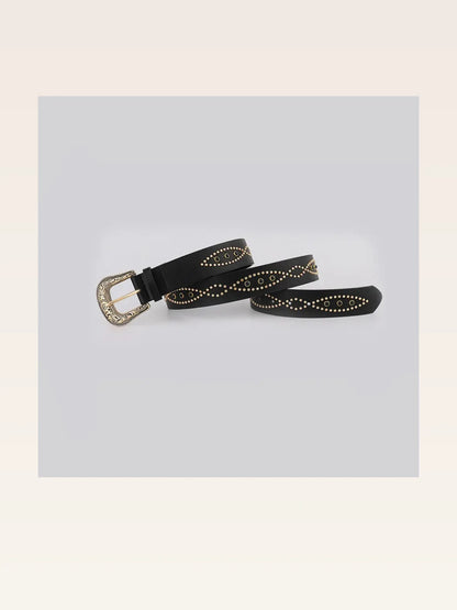 Black Gold Decorative PU Leather Rhinestone Belt — styled showcase — Livostyle