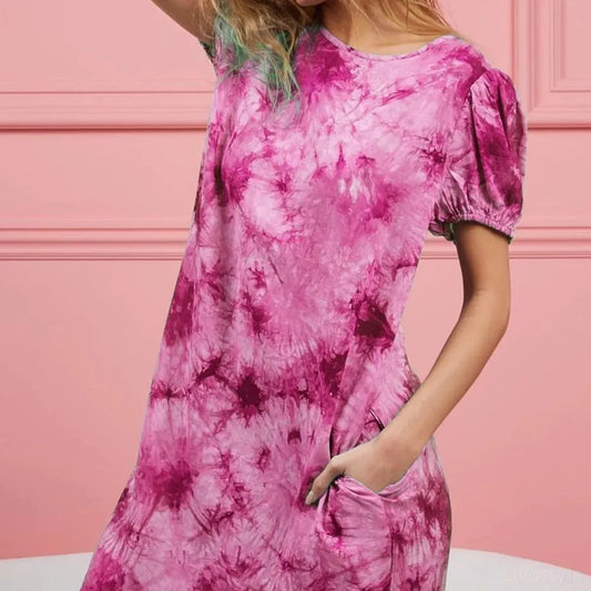 Trendy Puff Sleeve Tie Dye Dress with Pockets — square view — Livostyle