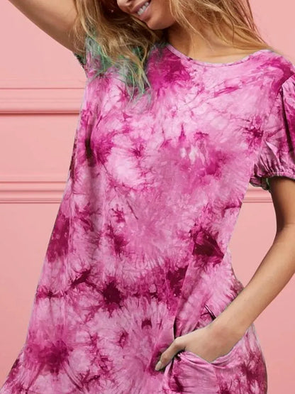 Trendy Puff Sleeve Tie Dye Dress with Pockets — detail view — Livostyle