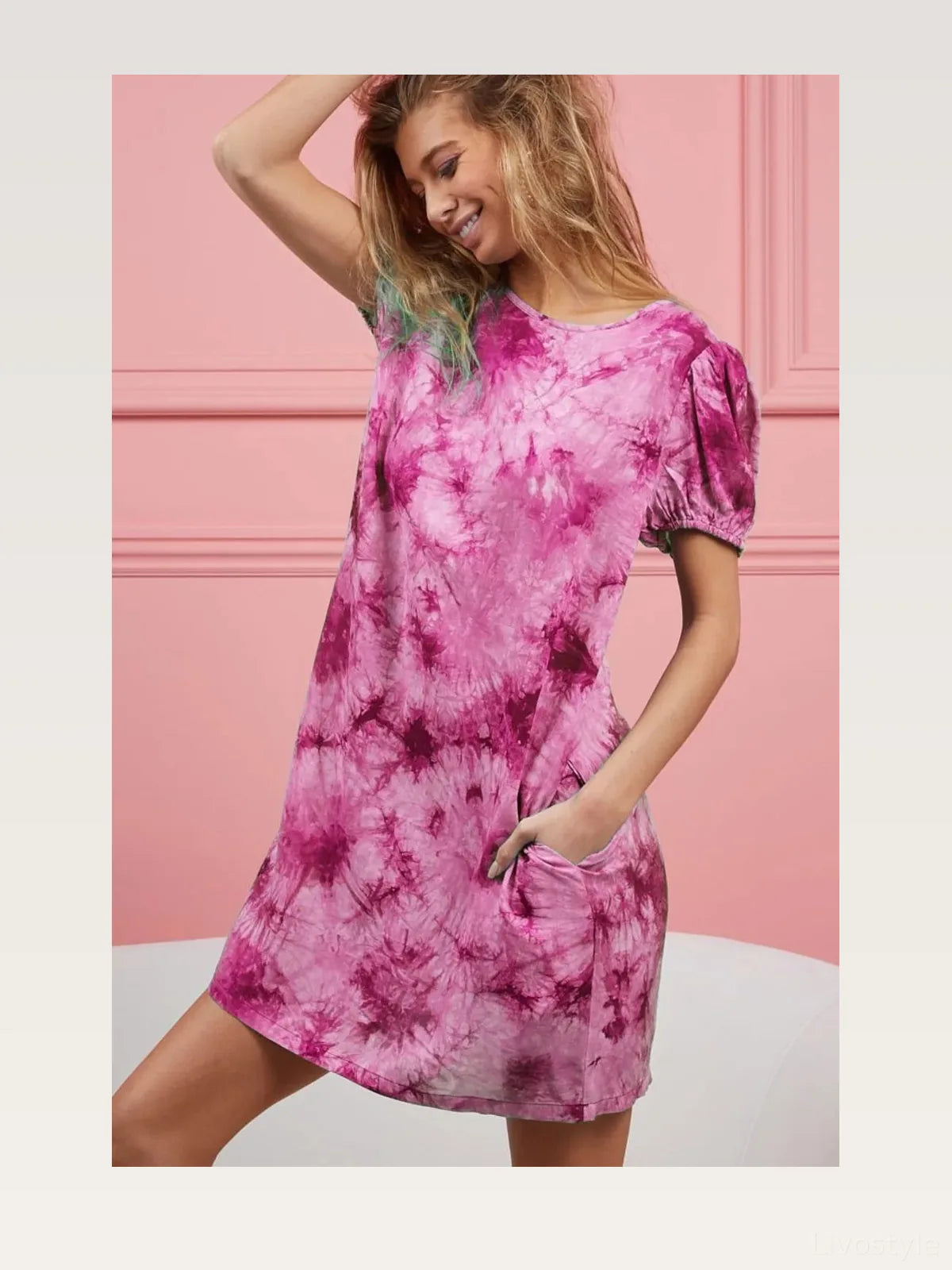 Trendy Puff Sleeve Tie Dye Dress with Pockets — styled showcase — Livostyle