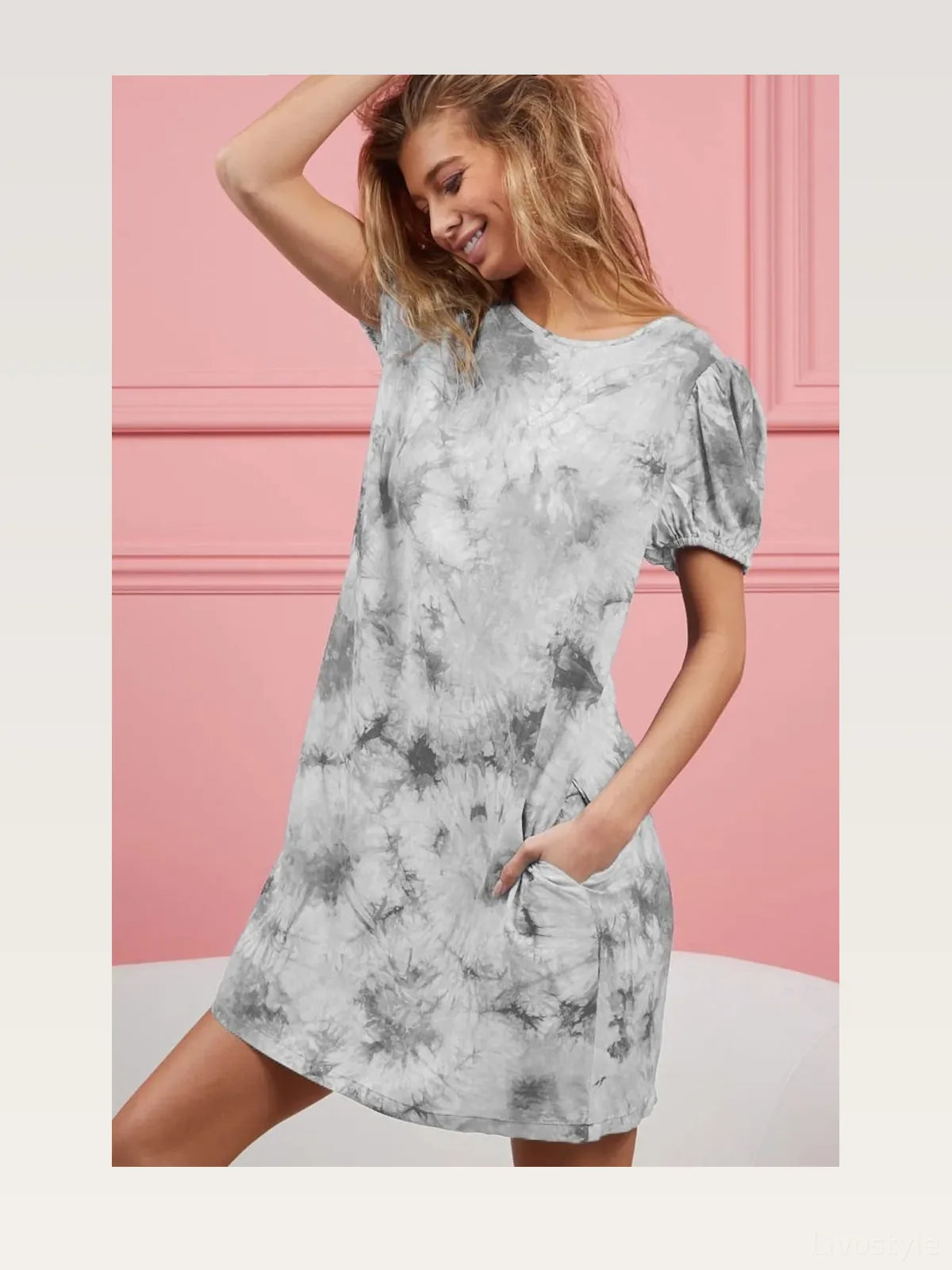 Trendy Puff Sleeve Tie Dye Dress with Pockets — styled showcase — Livostyle