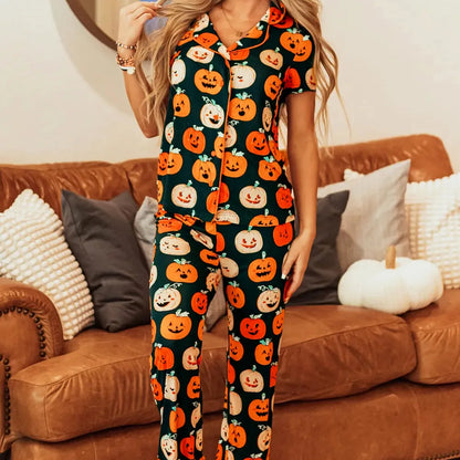 Pumpkin Printed Short Sleeve Top and Pants Lounge Set — square view — Livostyle