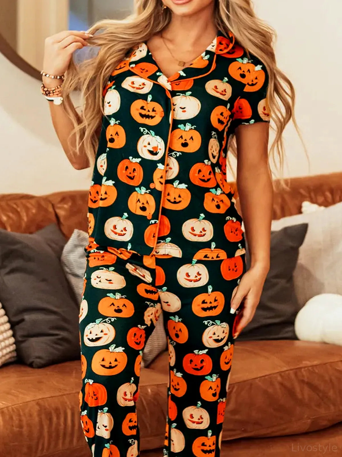 Pumpkin Printed Short Sleeve Top and Pants Lounge Set — detail view — Livostyle