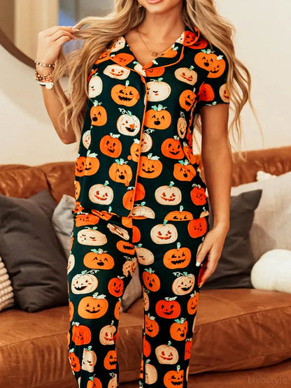 Pumpkin Printed Short Sleeve Top and Pants Lounge Set — detail view — Livostyle