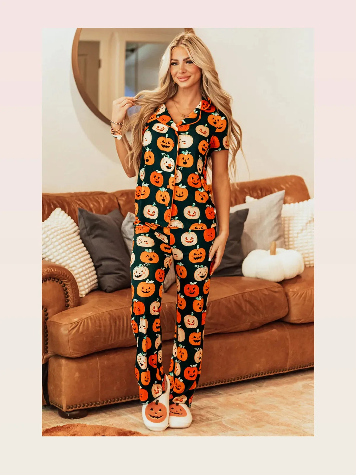 Pumpkin Printed Short Sleeve Top and Pants Lounge Set — styled showcase — Livostyle