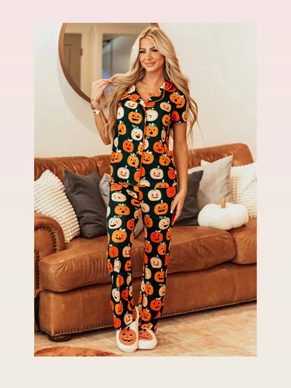 Pumpkin Printed Short Sleeve Top and Pants Lounge Set — styled showcase — Livostyle