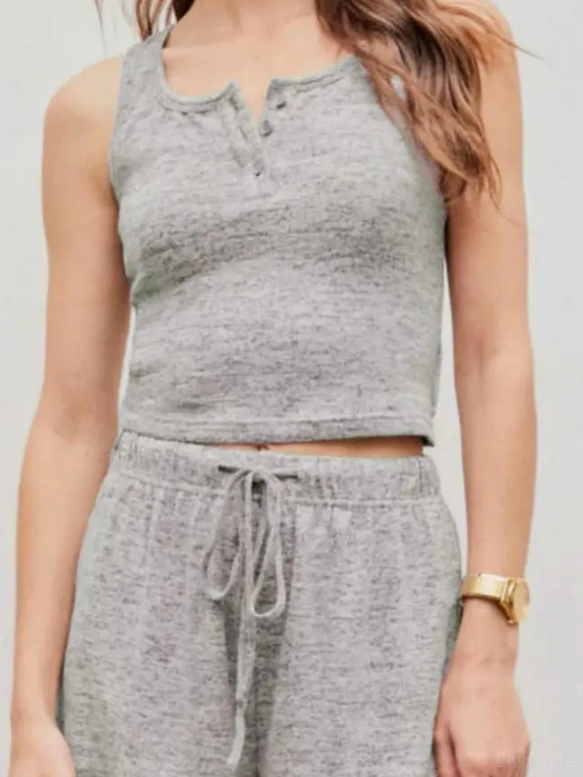 Quarter Button Sleeveless Top and Drawstring Shorts Lounge S — detail view — Livostyle
