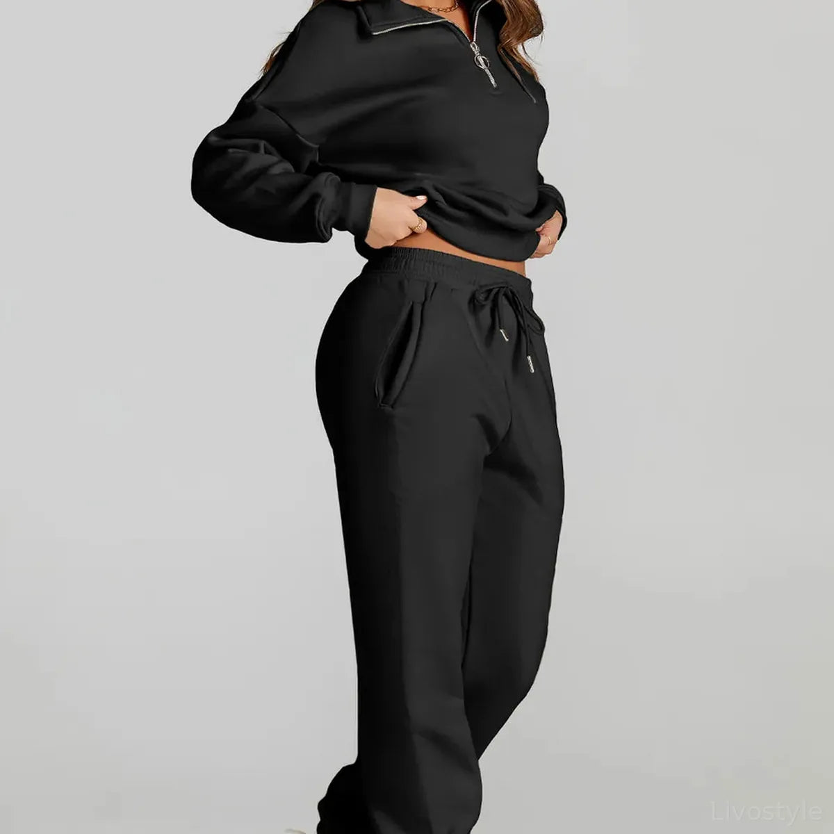 Quarter Zip Top and Drawstring Pants Active Set – full product view