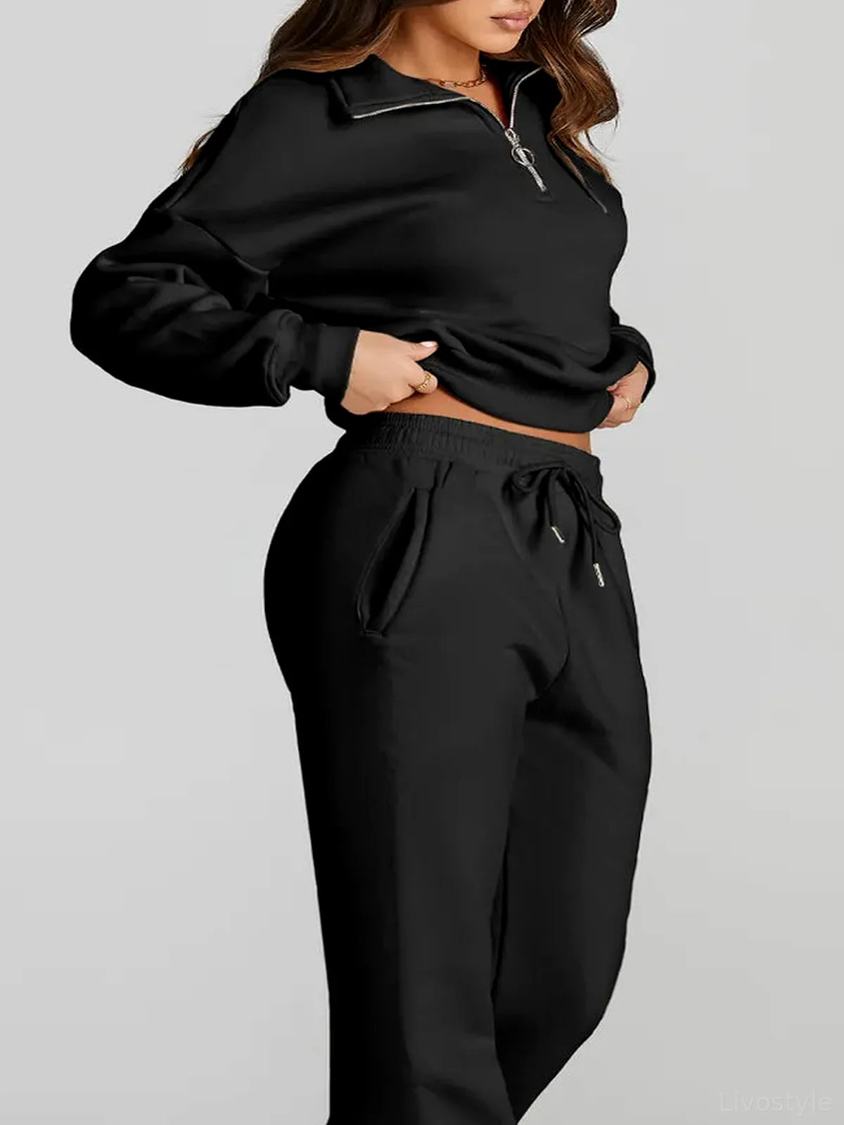 Quarter Zip Top and Drawstring Pants Active Set – fabric and detail close-up
