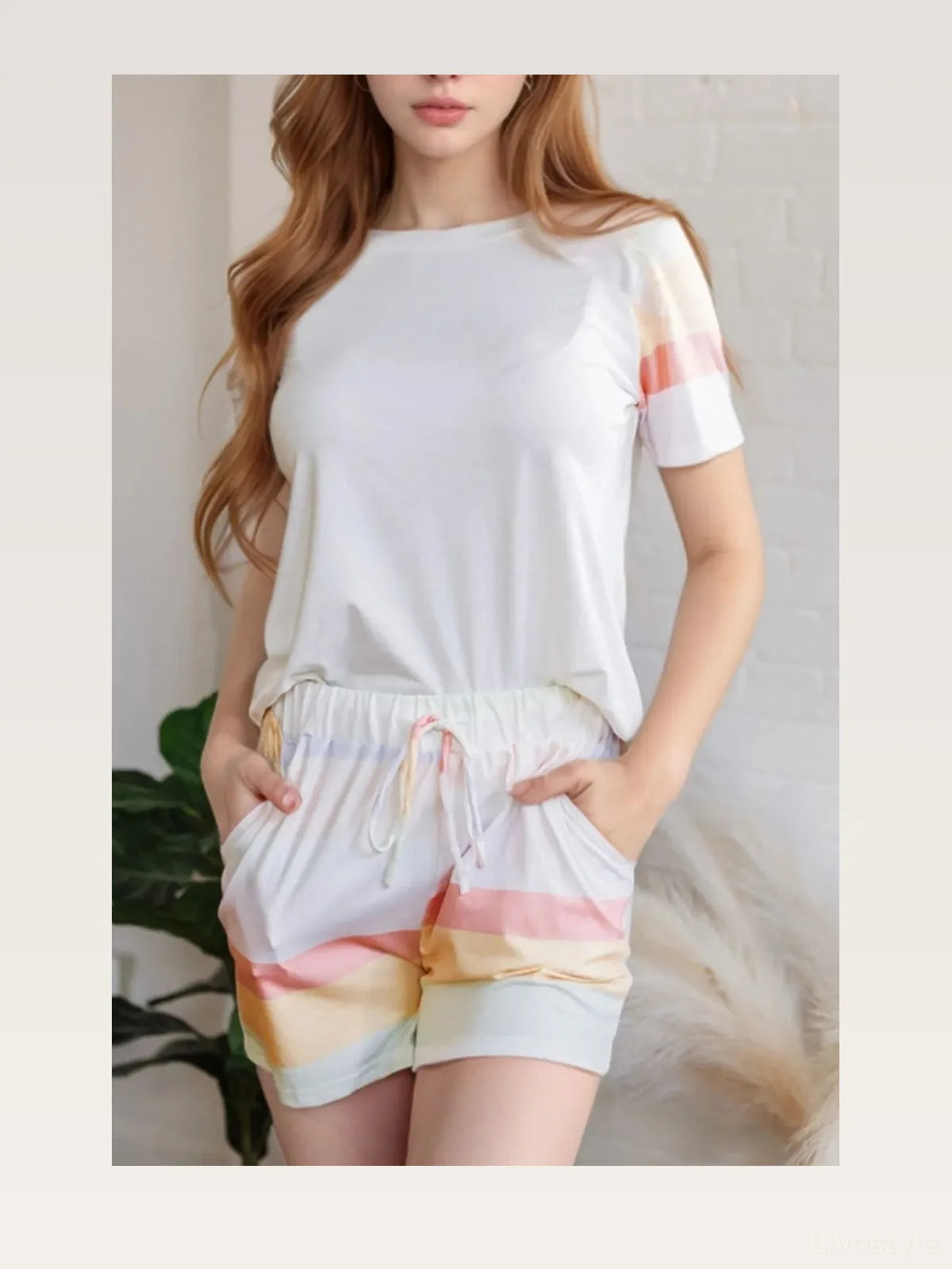Rainbow Striped Round Neck T Shirt and Shorts Lounge Set — styled showcase — Livostyle