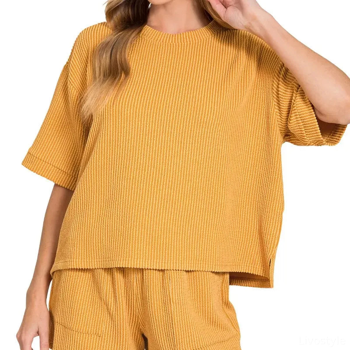 Raised Rib Short Sleeve Tee and Drawstring Shorts Set — square view — Livostyle