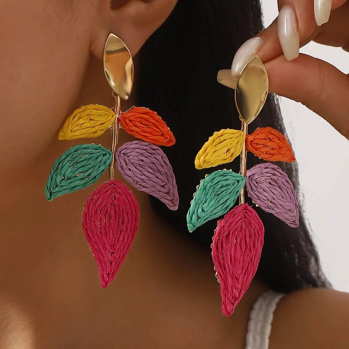 Rattan Woven Leaf Dangle Earrings — square view — Livostyle