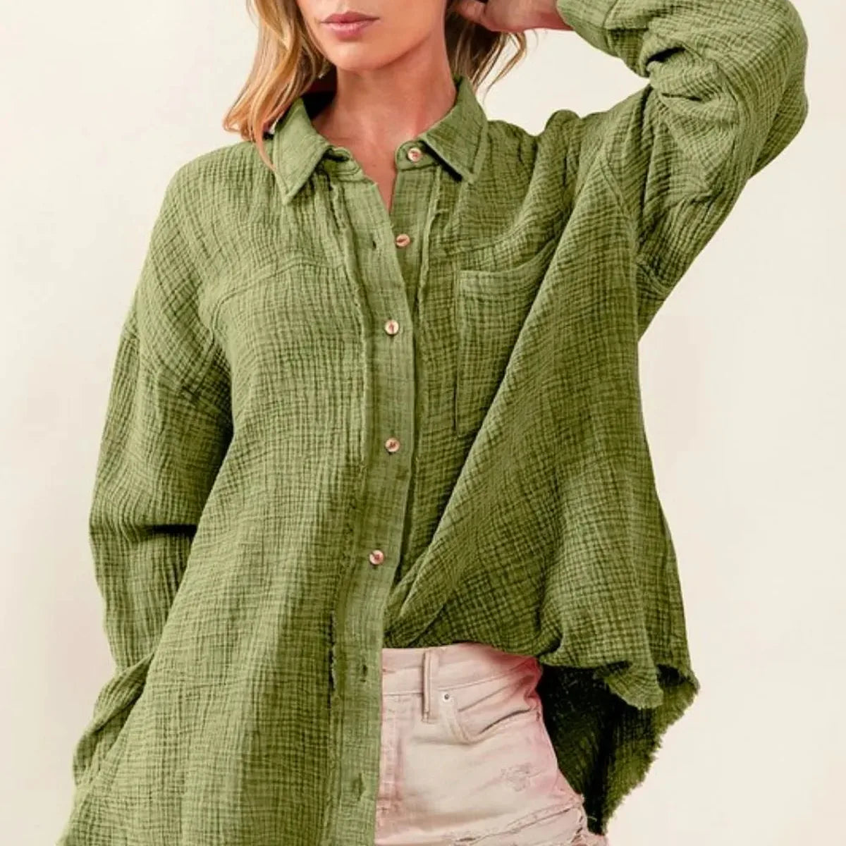 Casual Mineral-Washed Loose Fit Shirt with Raw Edge Detailin — square view — Livostyle