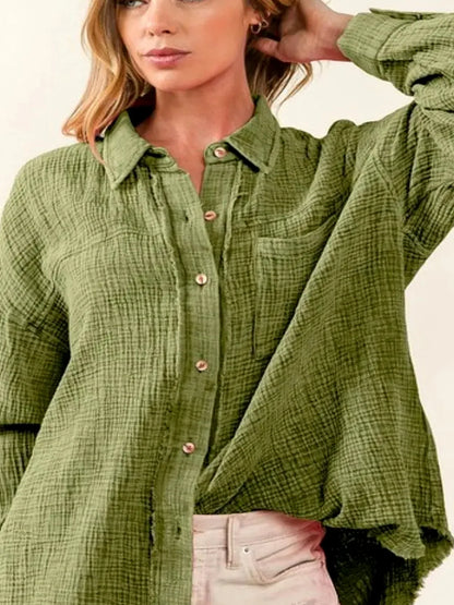 Casual Mineral-Washed Loose Fit Shirt with Raw Edge Detailin — detail view — Livostyle