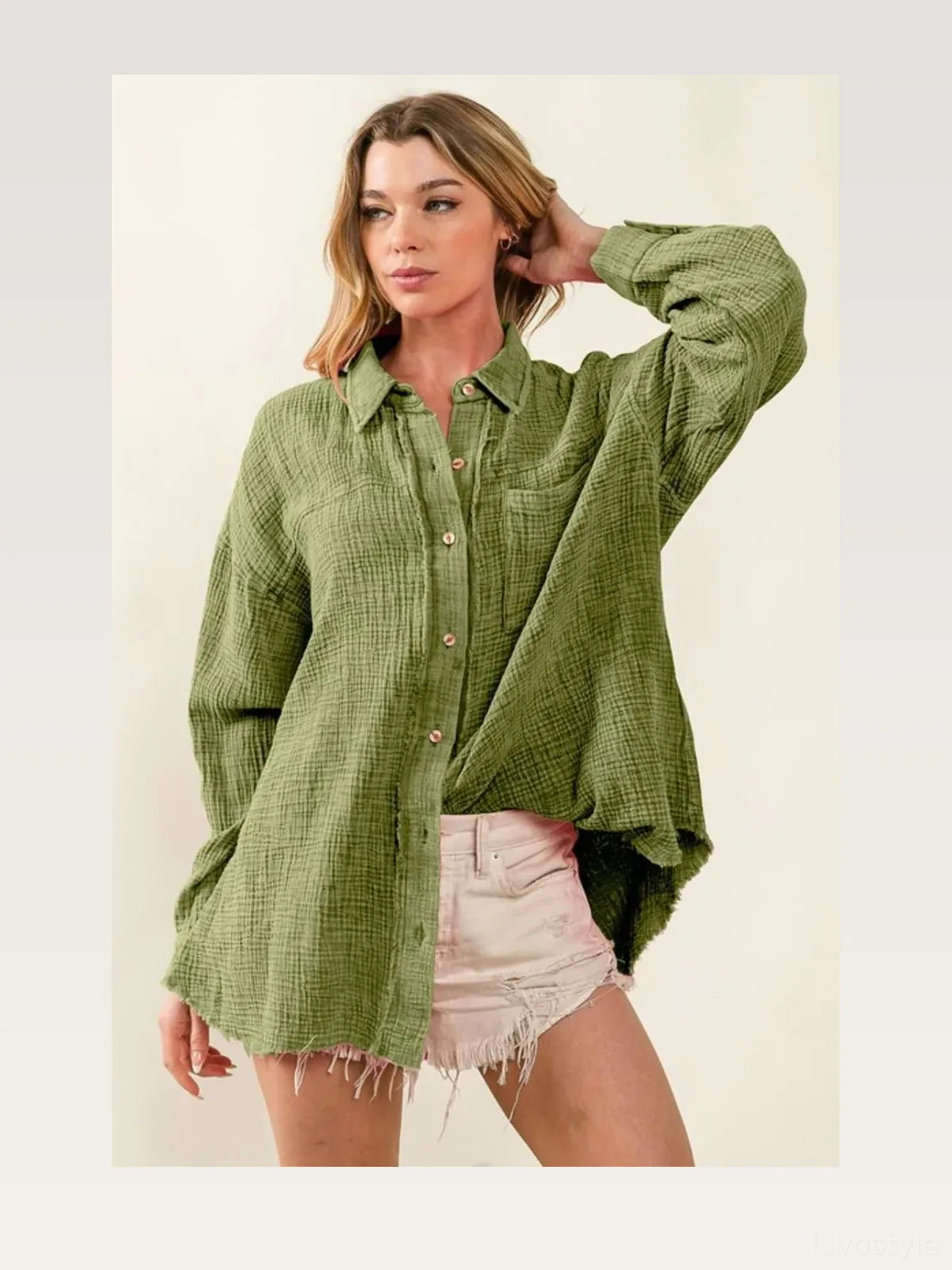 Casual Mineral-Washed Loose Fit Shirt with Raw Edge Detailin — styled showcase — Livostyle