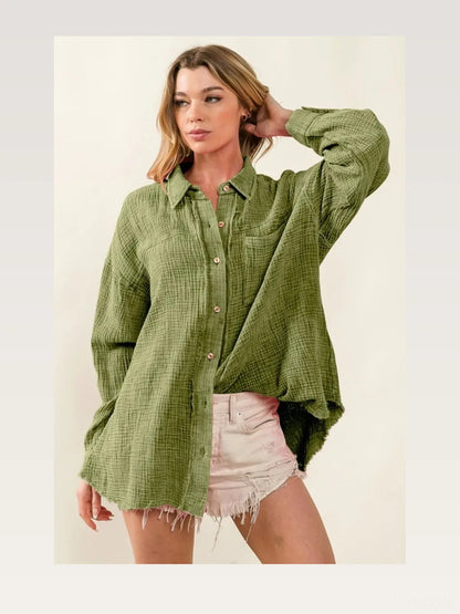 Casual Mineral-Washed Loose Fit Shirt with Raw Edge Detailin — styled showcase — Livostyle