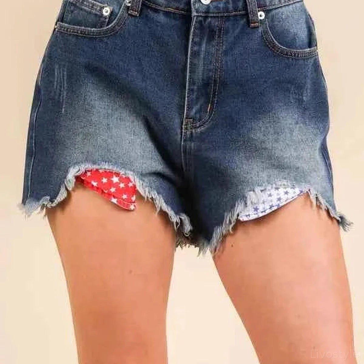 Raw Hem Pocketed Contrast Washed Denim Shorts in Denim — square view — Livostyle