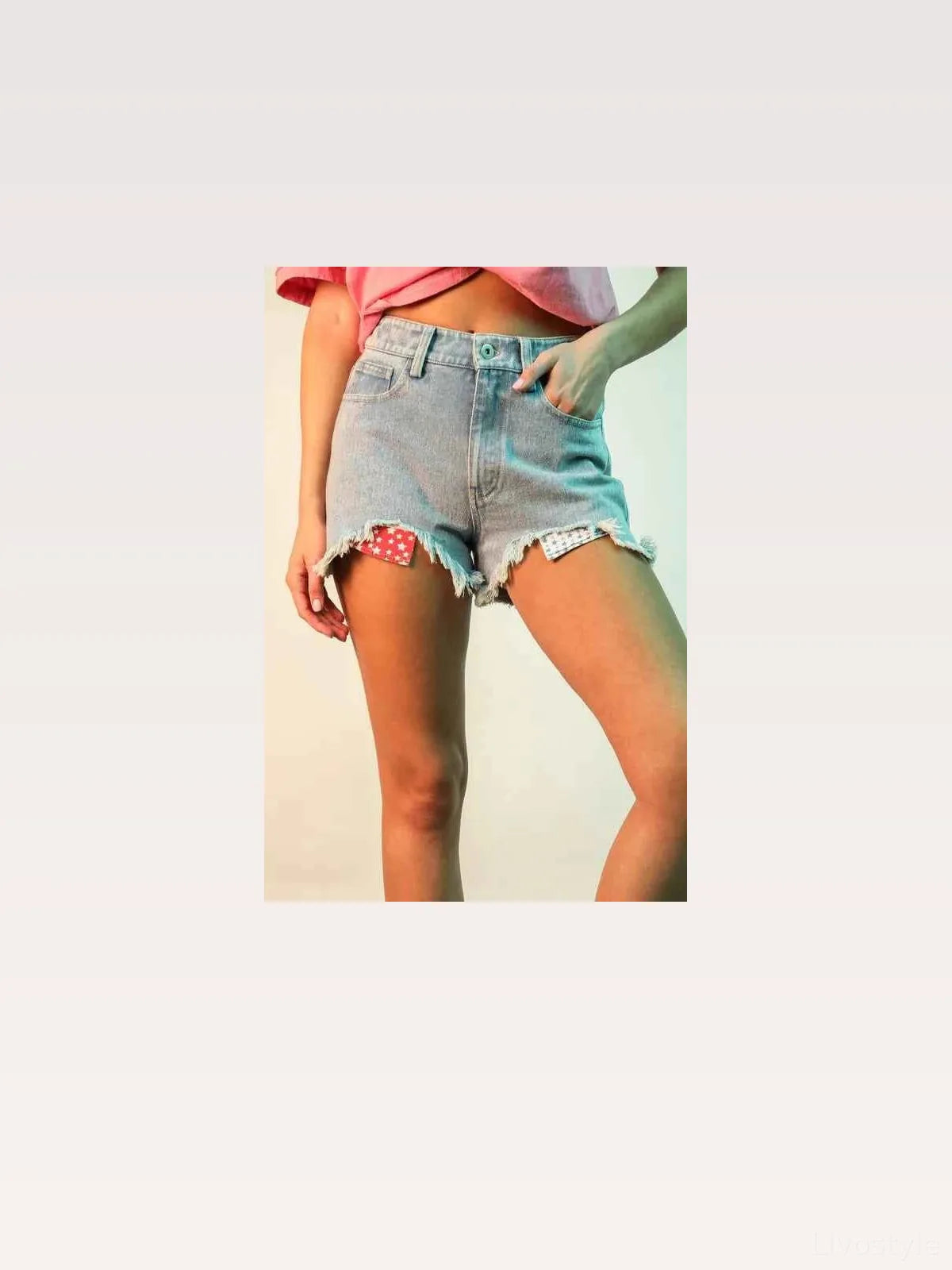 Raw Hem Pocketed Contrast Washed Denim Shorts in Lt Denim — styled showcase — Livostyle
