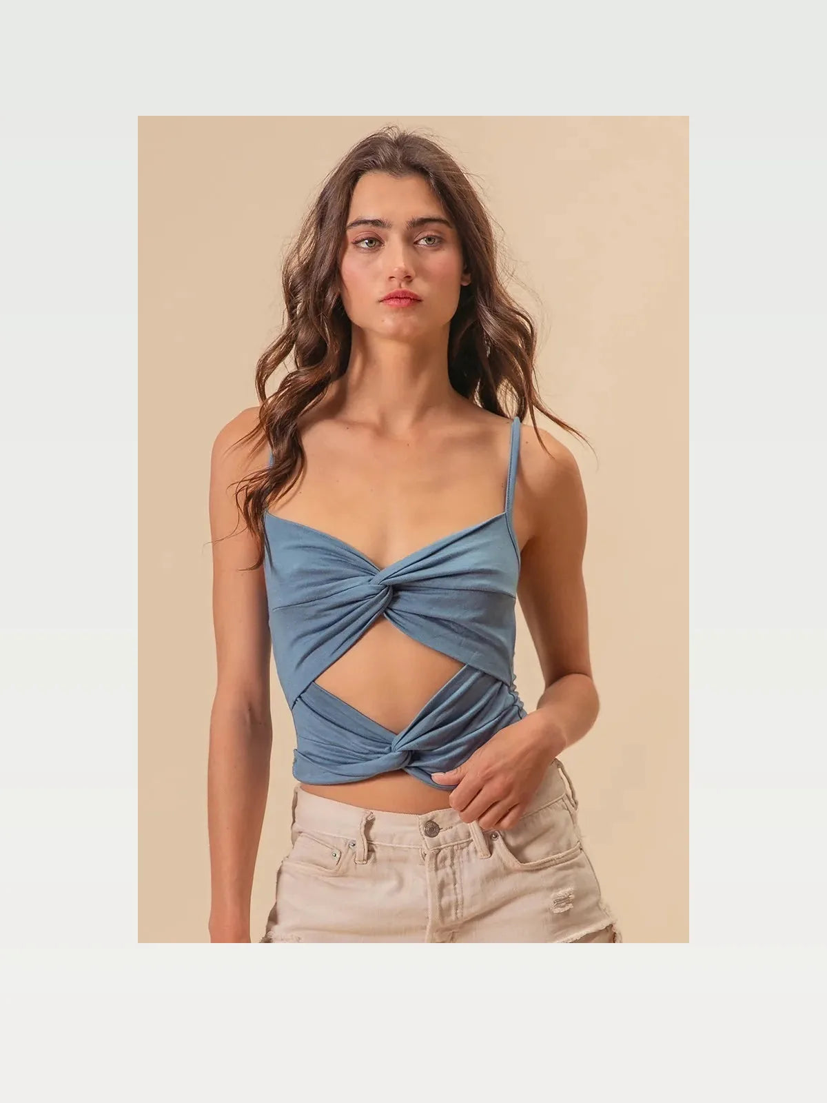 Chic Twist Front Cami Top with Stretchy Rayon-Span Blend — styled showcase — Livostyle