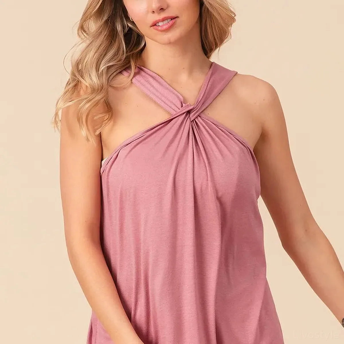 Elegant Rayon-Spandex Halter Neck Tank Top with Crisscross F — square view — Livostyle