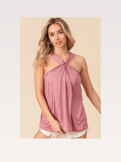 Elegant Rayon-Spandex Halter Neck Tank Top with Crisscross F — styled showcase — Livostyle