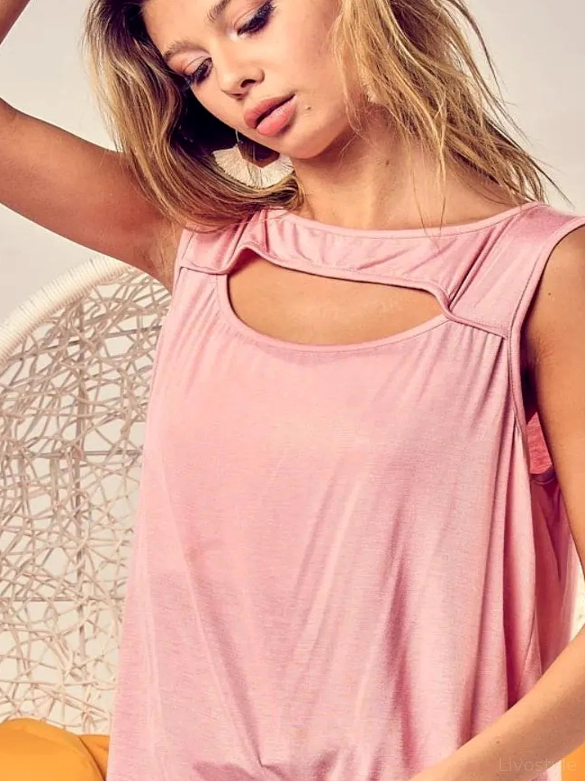 Stylish Rayon-Spandex Knit Top with Front Cut-out — detail view — Livostyle