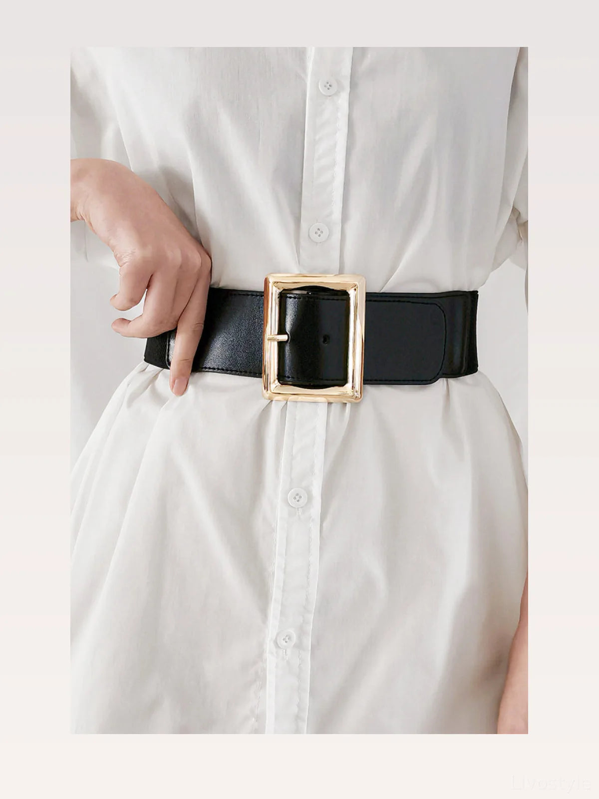 Rectangle Buckle Elastic Wide Belt — styled showcase — Livostyle