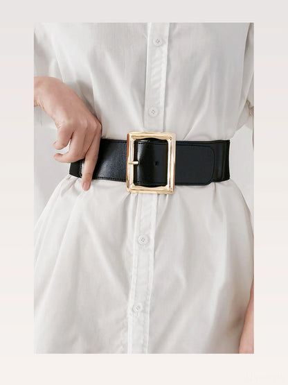 Rectangle Buckle Elastic Wide Belt — styled showcase — Livostyle