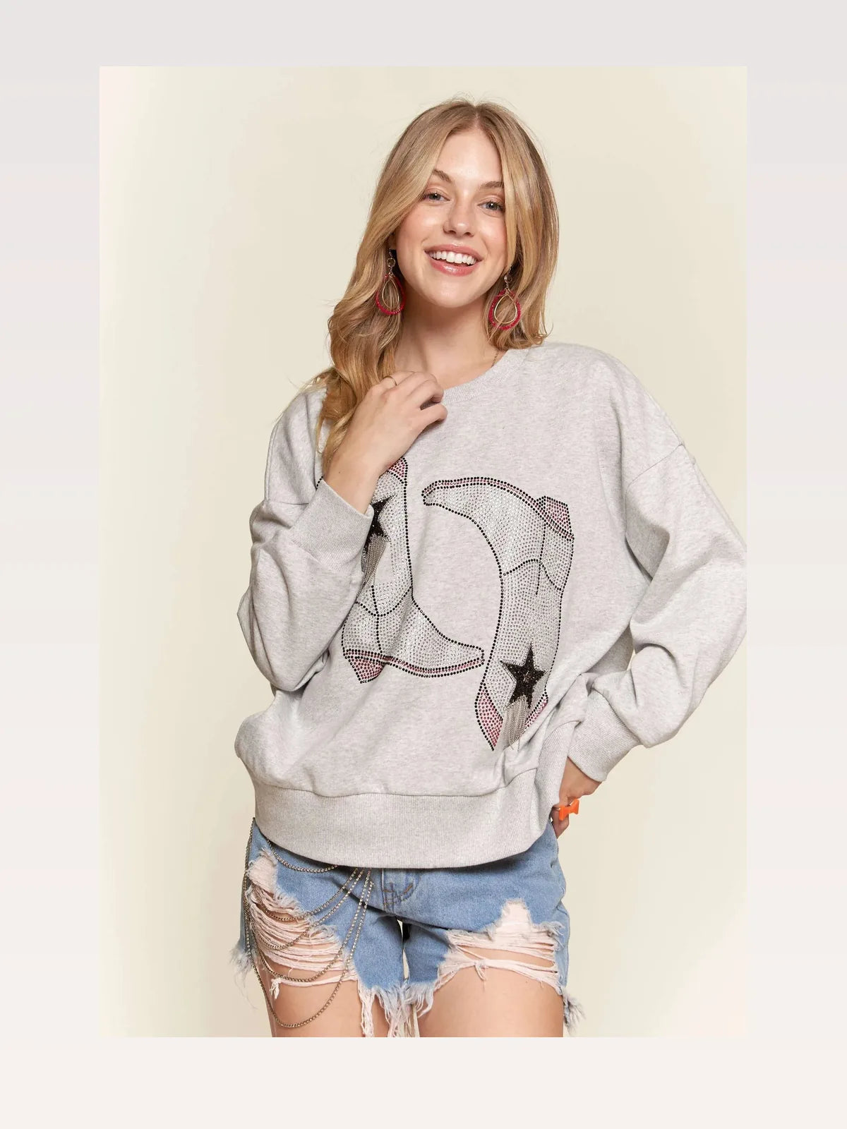 Stylish Casual Sweatshirt with Rhinestone Accents — styled showcase — Livostyle