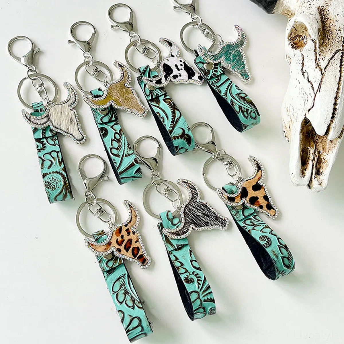 Floral Cowhide Rhinestone Bull Keychain — square view — Livostyle
