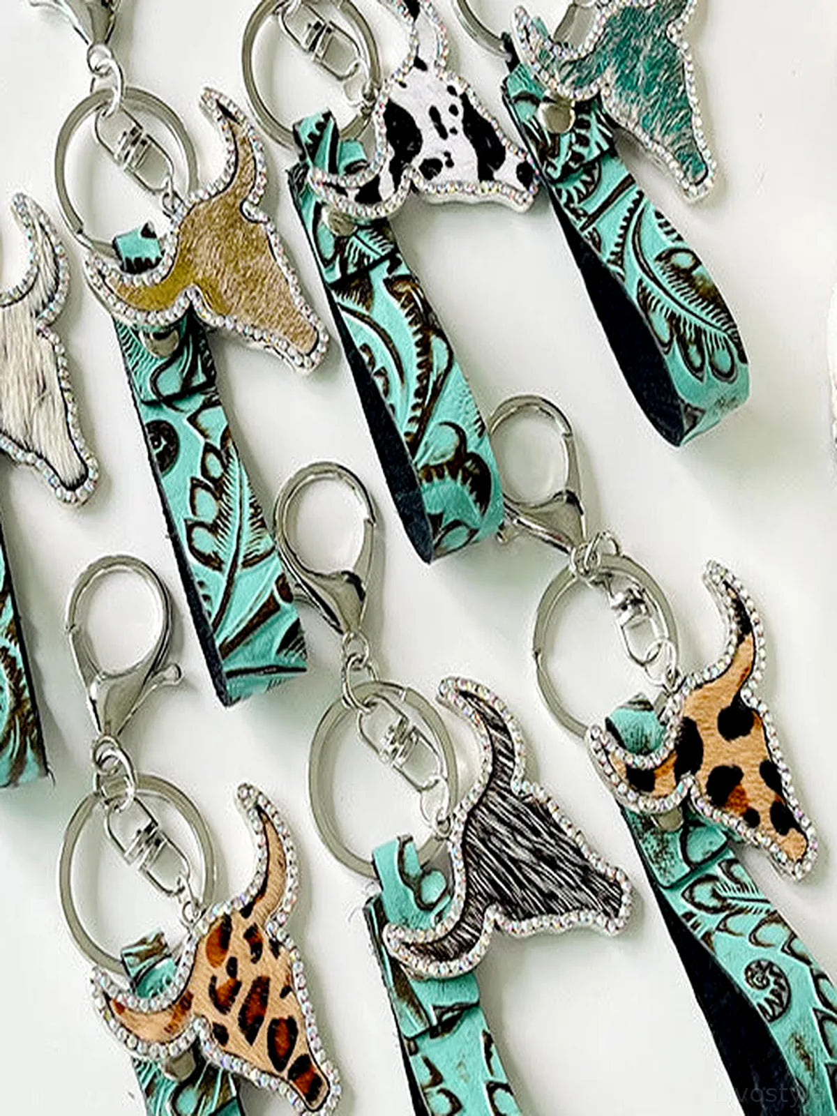 Floral Cowhide Rhinestone Bull Keychain — detail view — Livostyle
