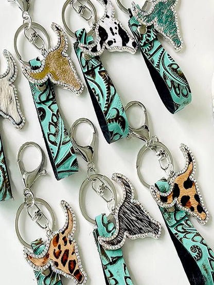Floral Cowhide Rhinestone Bull Keychain — detail view — Livostyle