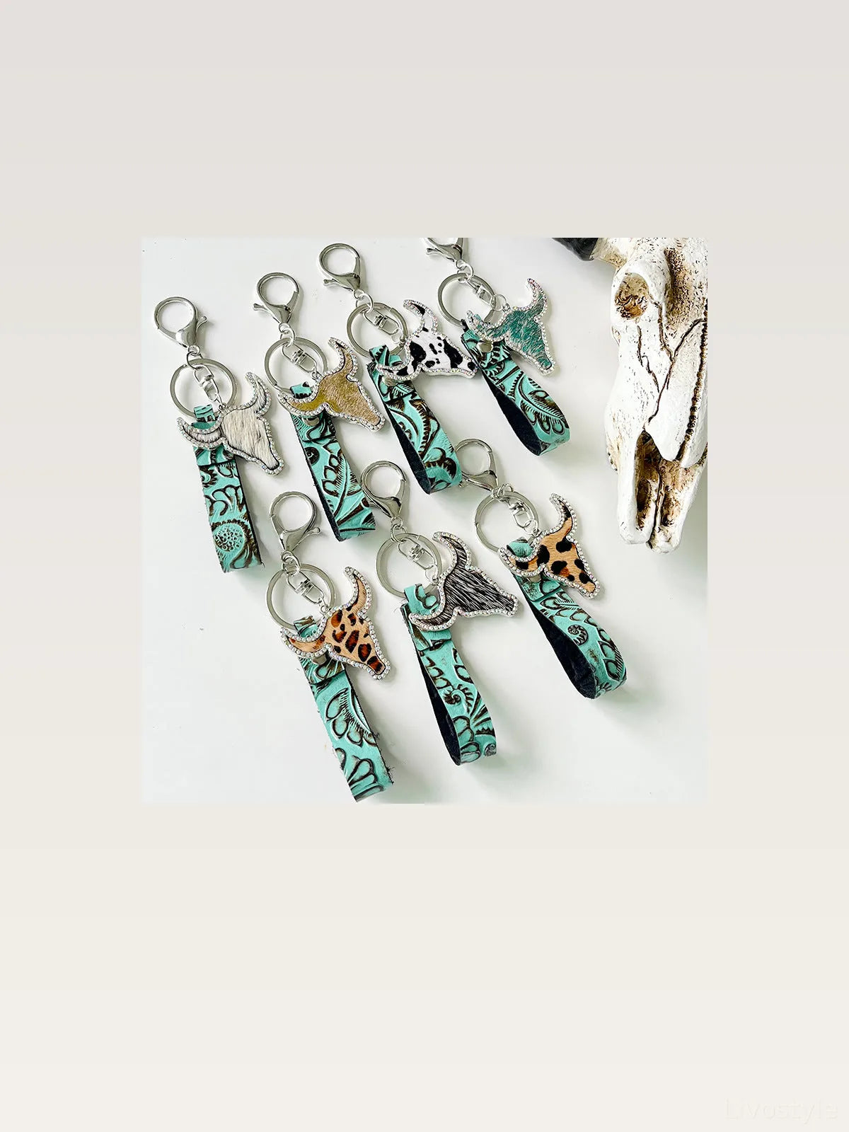 Floral Cowhide Rhinestone Bull Keychain — styled showcase — Livostyle