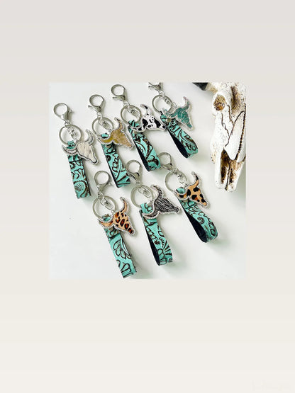 Floral Cowhide Rhinestone Bull Keychain — styled showcase — Livostyle
