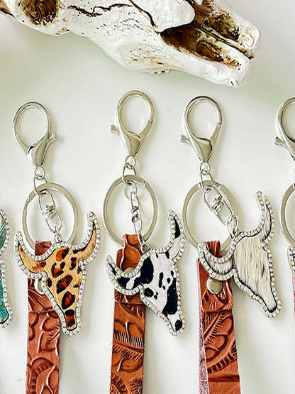 Leopard Faux Leather Rhinestone Bull Keychain — detail view — Livostyle