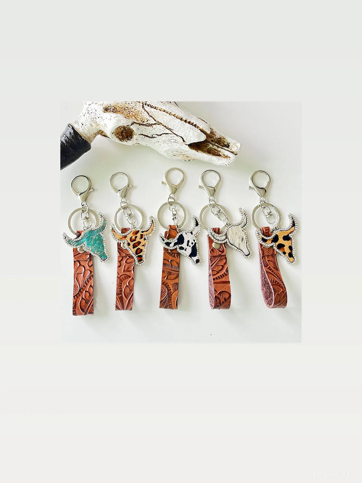Leopard Faux Leather Rhinestone Bull Keychain — styled showcase — Livostyle