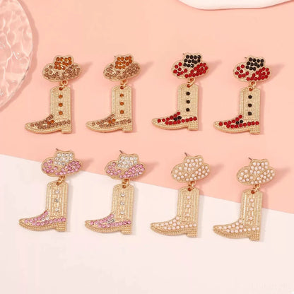 Rhinestone Cowboy Boot Dangle Earrings — square view — Livostyle