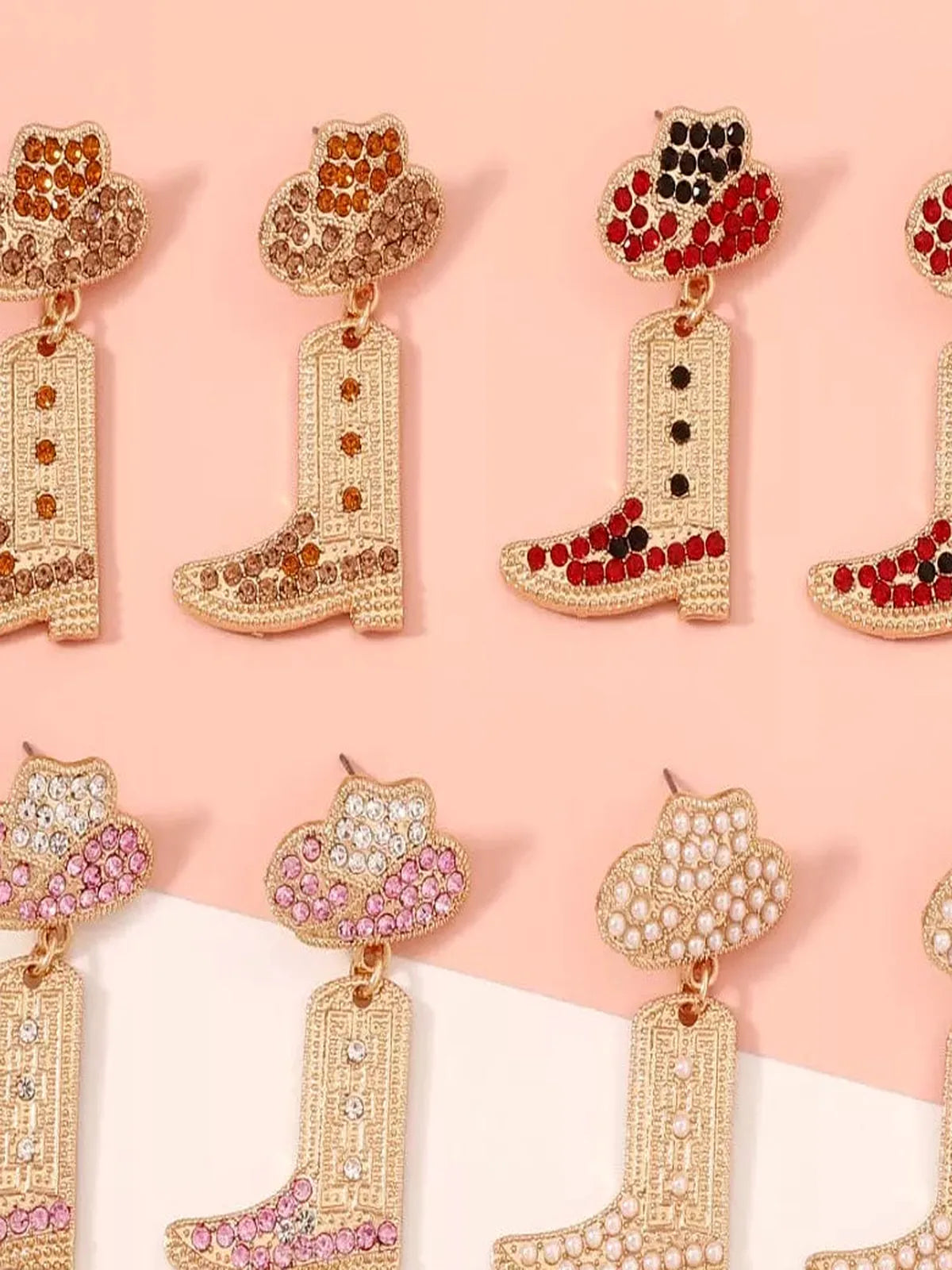 Rhinestone Cowboy Boot Dangle Earrings — detail view — Livostyle