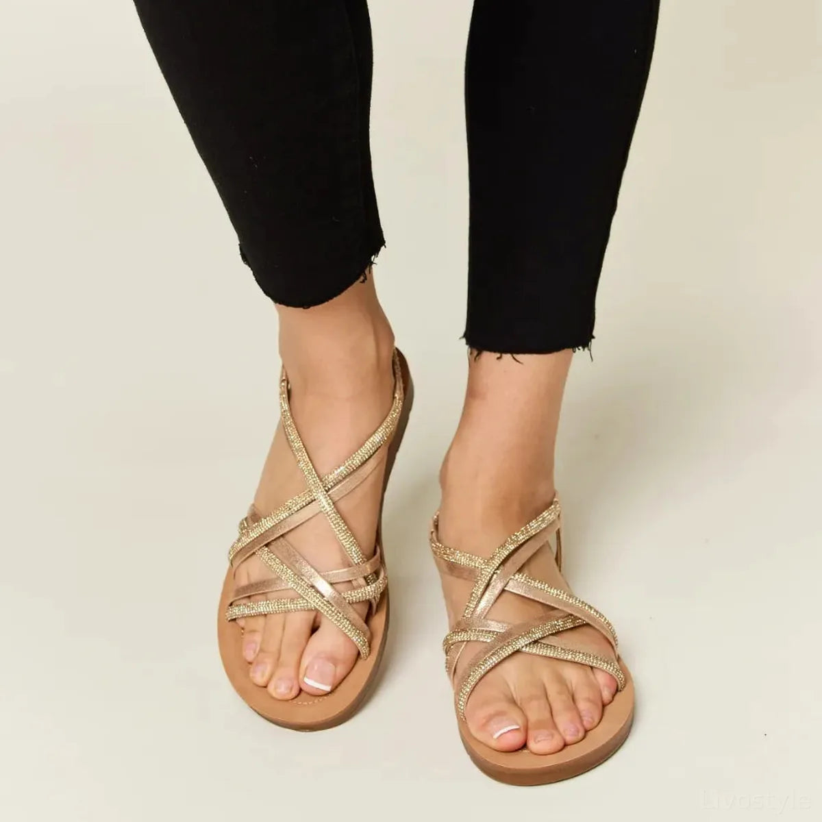 Elegant Rhinestone Embellished Crisscross Flat Sandals — square view — Livostyle