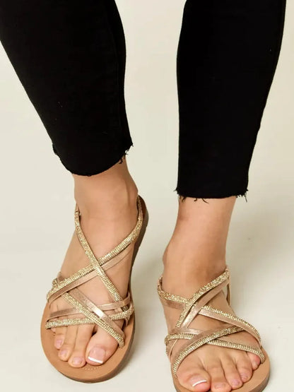 Elegant Rhinestone Embellished Crisscross Flat Sandals — detail view — Livostyle