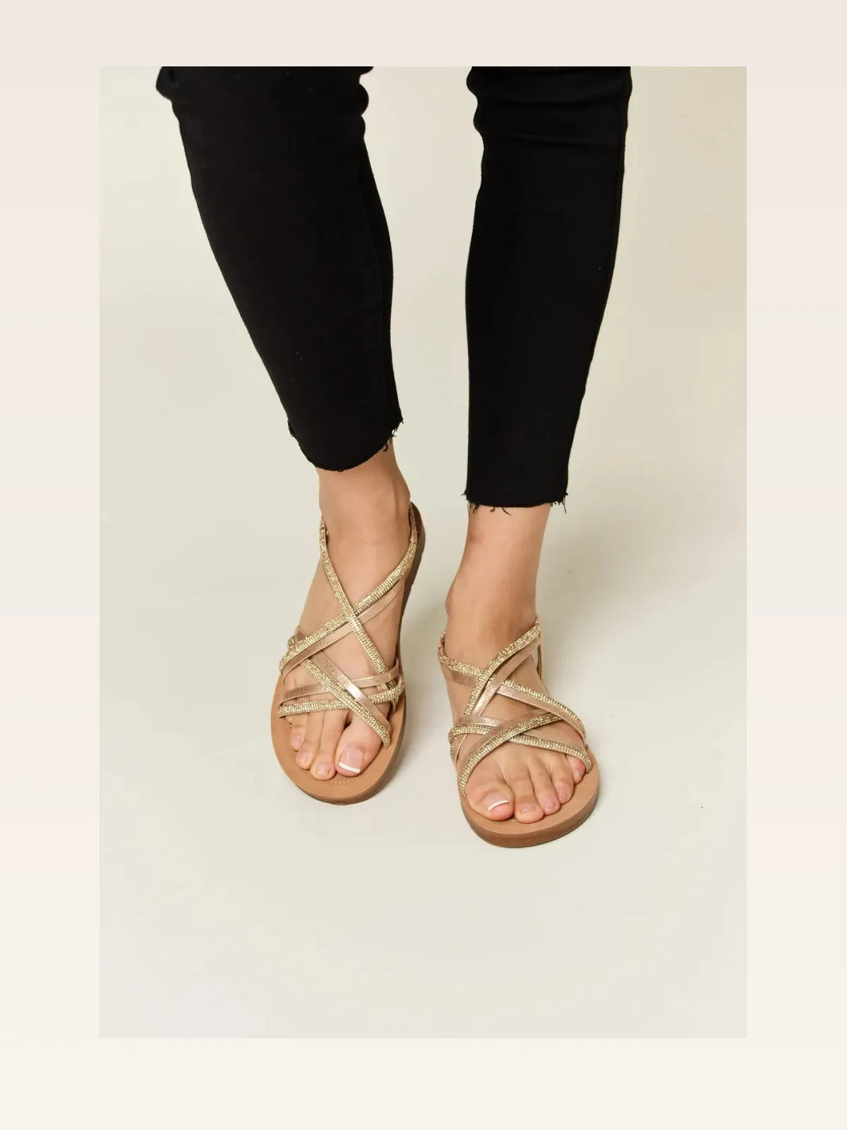 Elegant Rhinestone Embellished Crisscross Flat Sandals — styled showcase — Livostyle