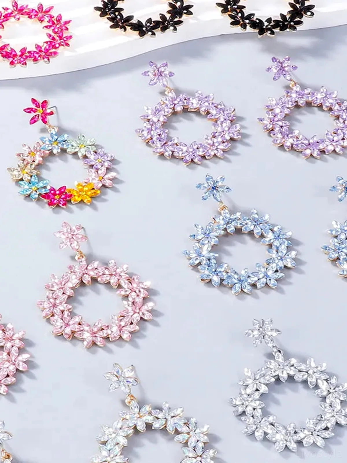 Rhinestone Flower Dangle Earrings — detail view — Livostyle