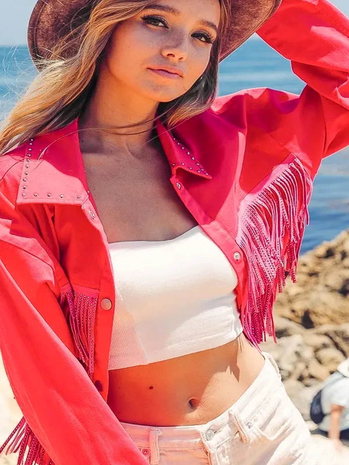 Glamorous Studded Collar Jacket with Rhinestone Fringe — detail view — Livostyle