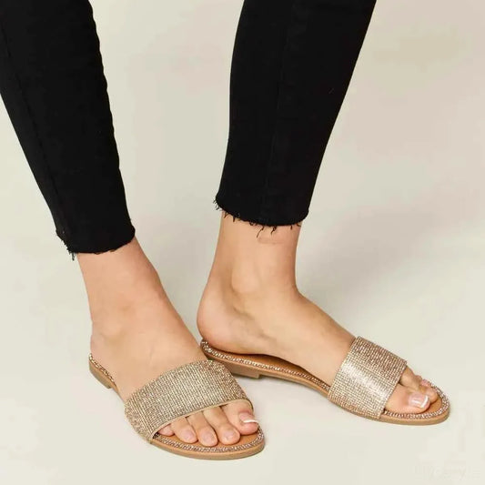 Rhinestone Open Toe Flat Sandals — square view — Livostyle