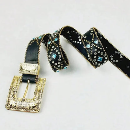 Black Decorative Buckle PU Leather Rhinestone Belt — square view — Livostyle