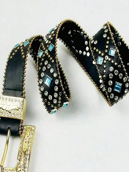 Black Decorative Buckle PU Leather Rhinestone Belt — detail view — Livostyle