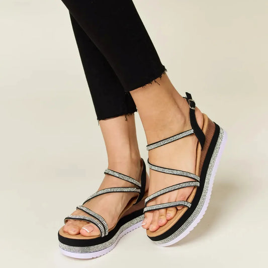 Elegant Rhinestone-Embellished Strappy Wedge Sandals — square view — Livostyle