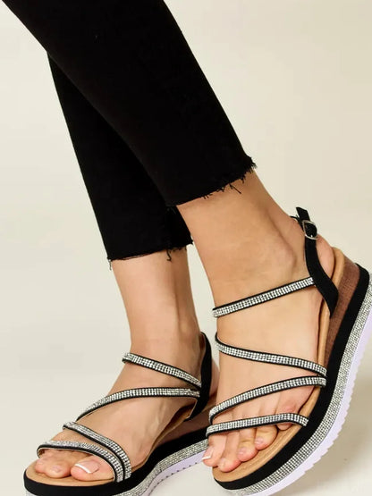 Elegant Rhinestone-Embellished Strappy Wedge Sandals — detail view — Livostyle