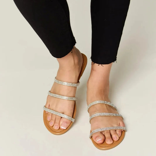 Rhinestone Three-Strap Flat Sandals — square view — Livostyle