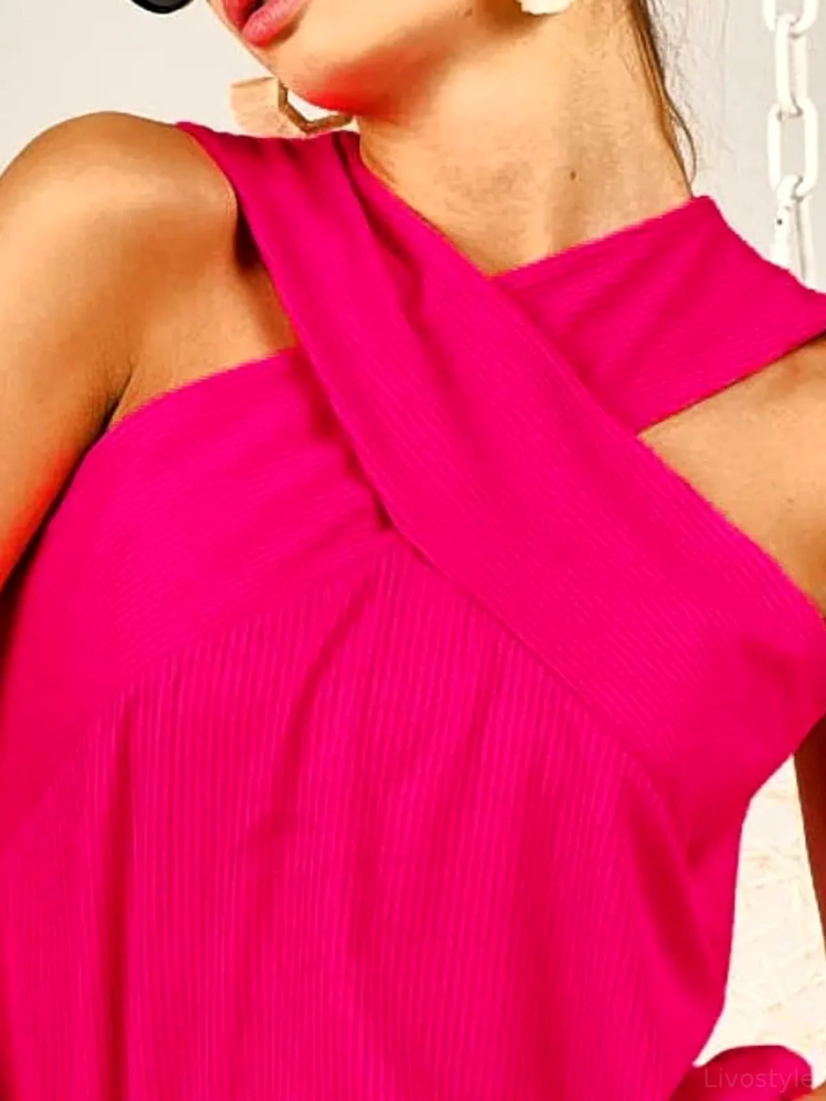 Stylish Rib Knit Cross Neck Top with Banded Hem — detail view — Livostyle